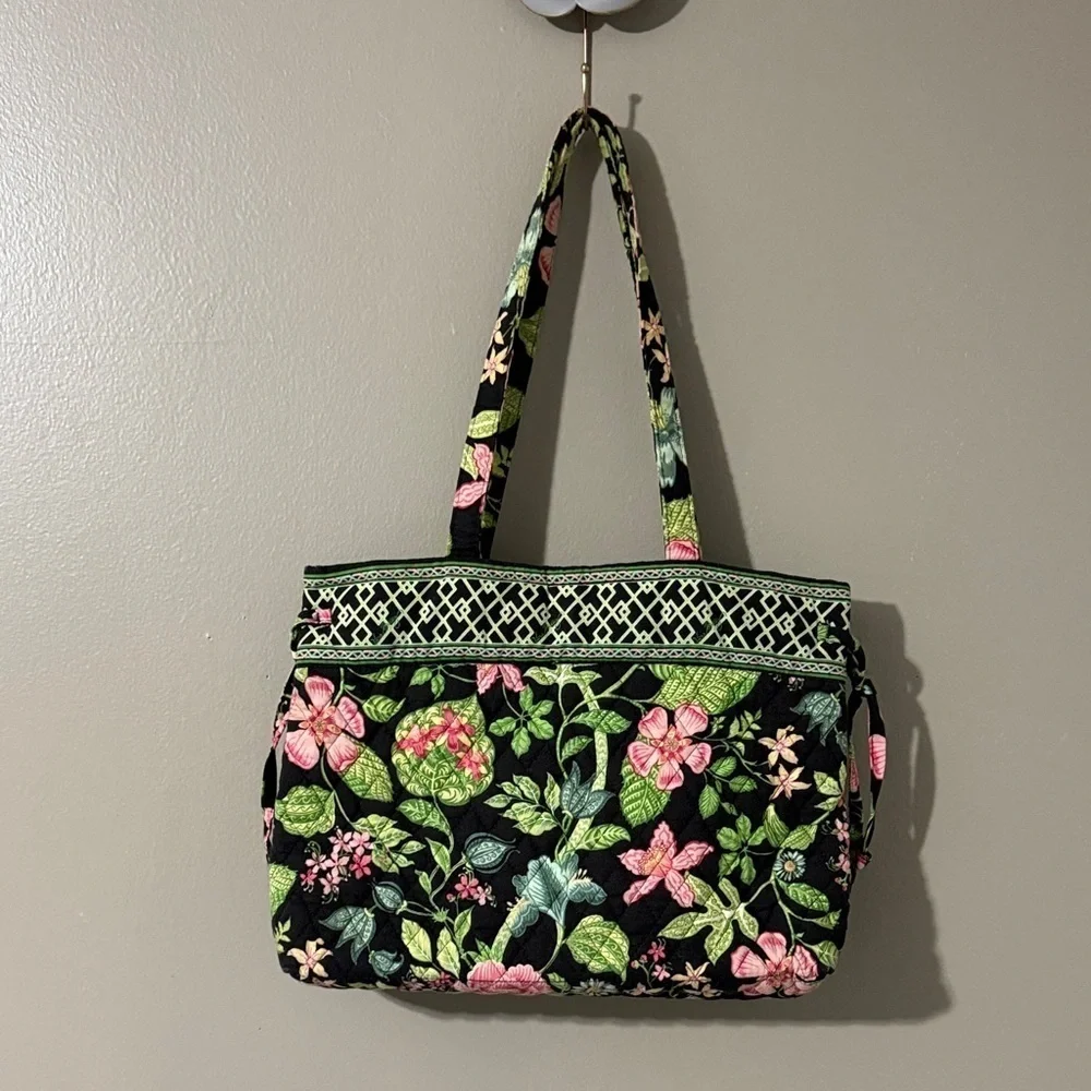 Vera Bradley Black Tote with Pink and Green Floral Pattern